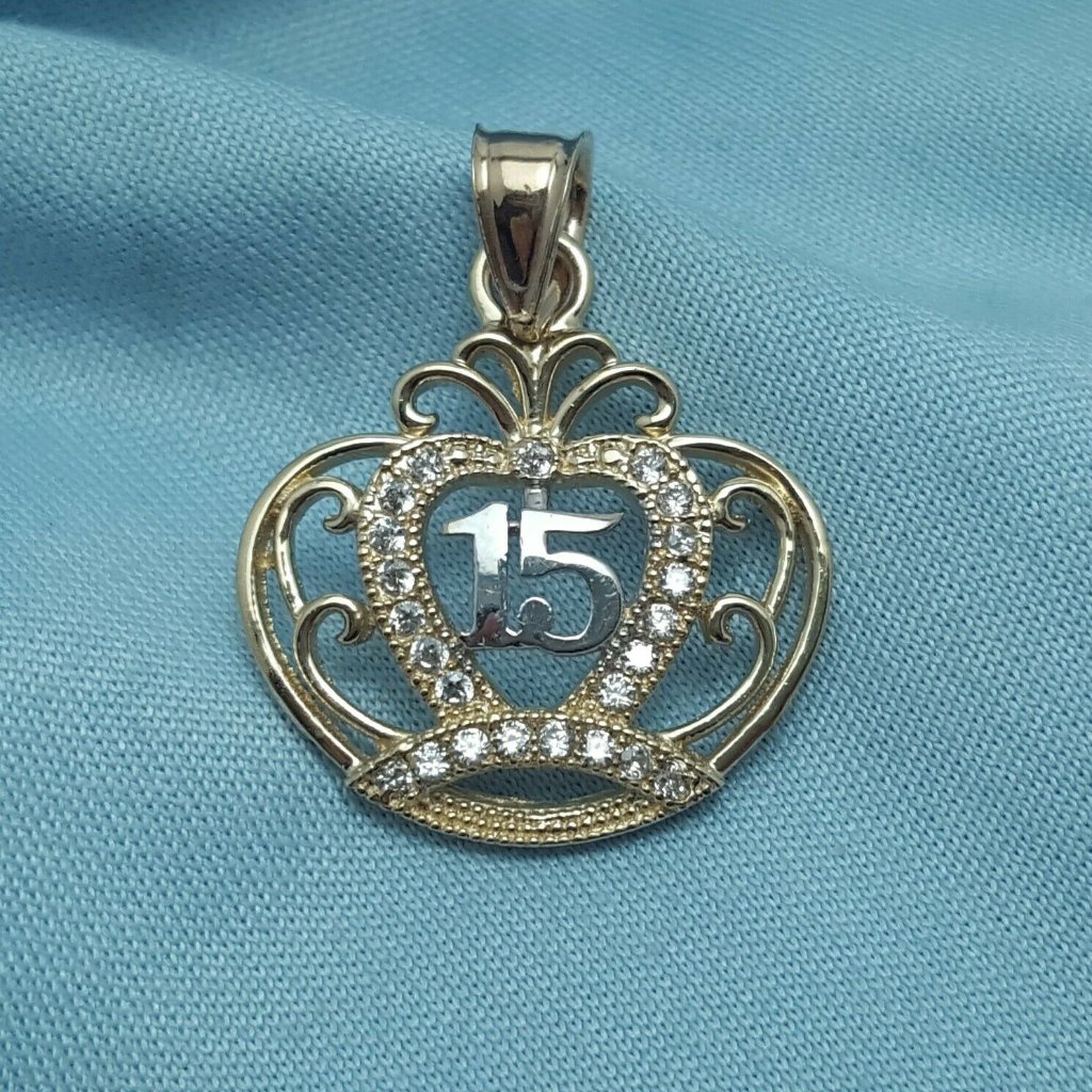 14k Multi Tone Two Tone Cubic Zirconias Quinceanera Crown Tiara 15 Charm Pendant